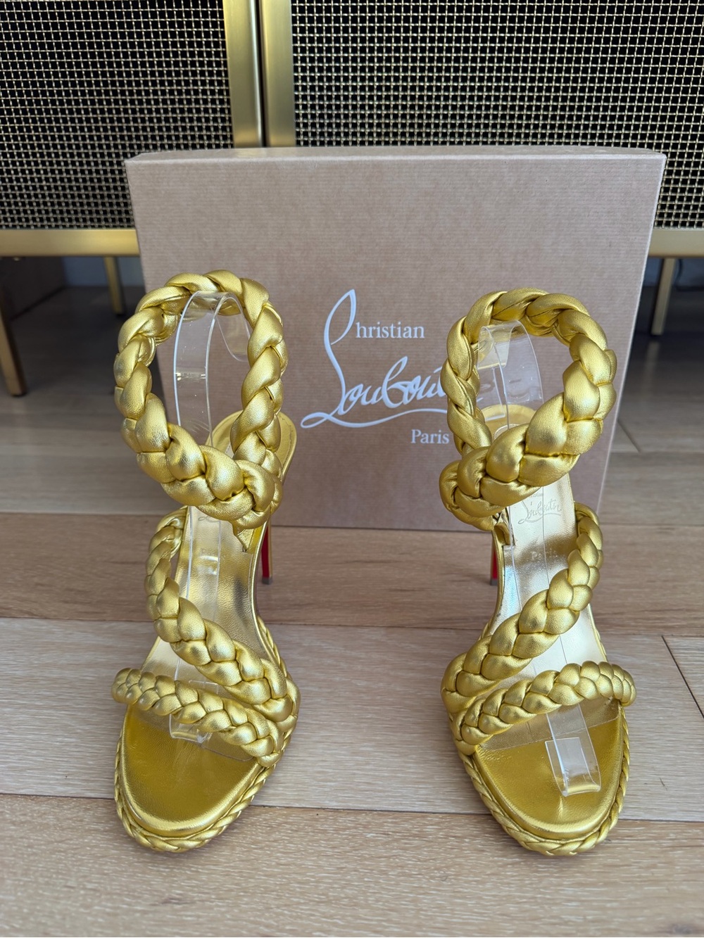 New Christian Louboutin Fatima 120 Gold Braided Leather Sandals 8.5 with box